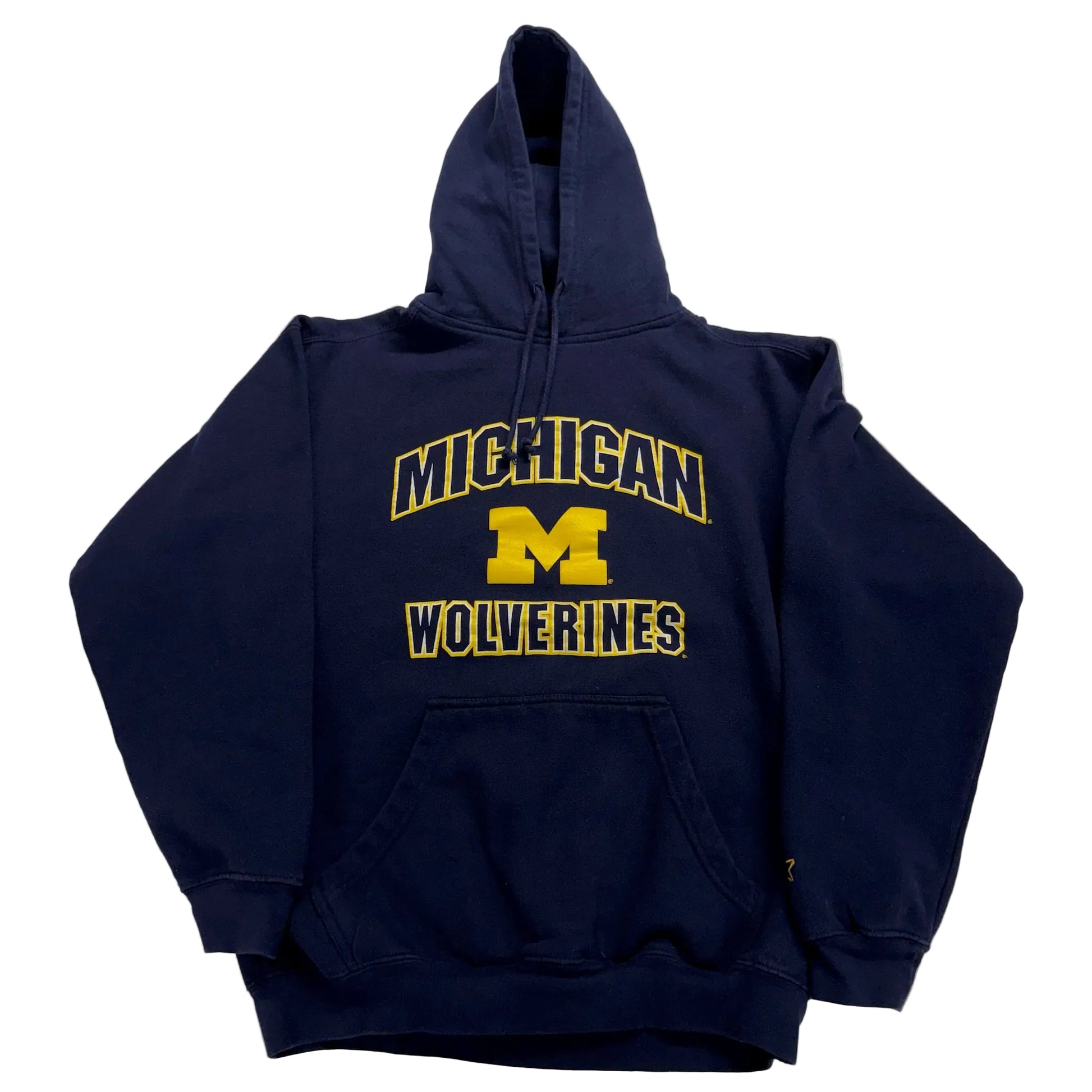 Navy blue hoodie with 'Michigan Wolverines' text on a light gray background