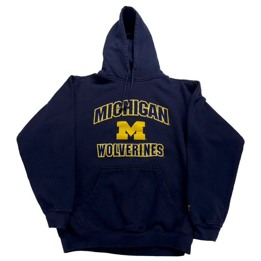 Navy blue hoodie with 'Michigan Wolverines' text on a light gray background