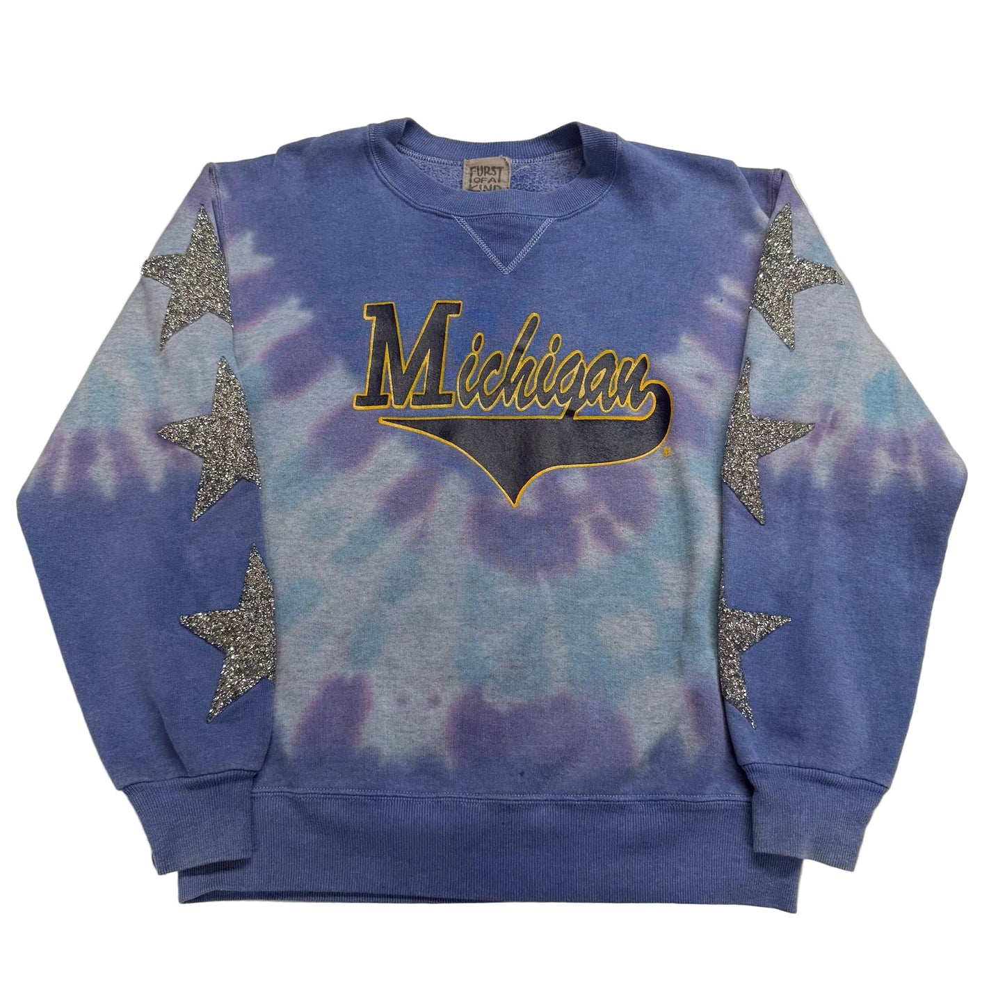 Blue tie-dye sweatshirt with 'Michigan' text and star designs on a white background