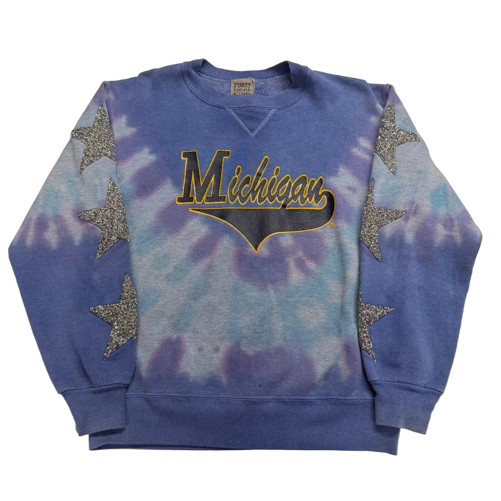 Blue tie-dye sweatshirt with 'Michigan' text and star designs on a white background
