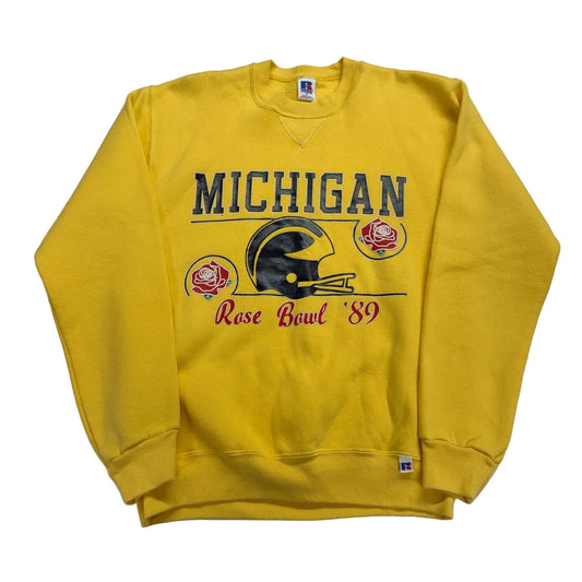 Yellow sweatshirt with 'Michigan' and 'Rose Bowl '89' text on a white background