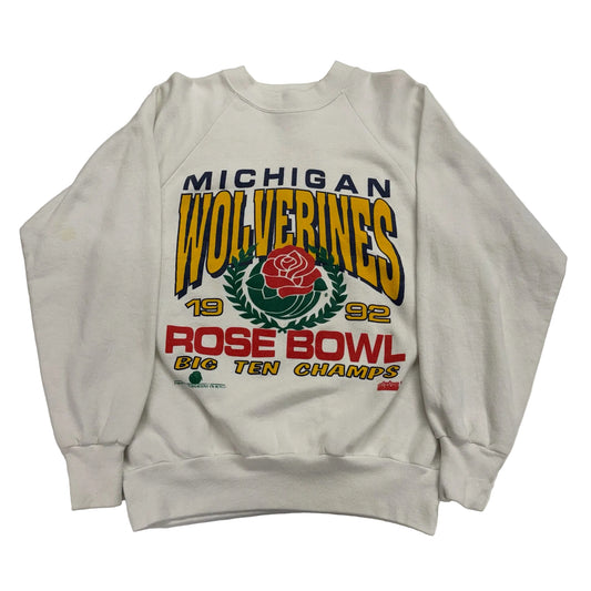 Gray sweatshirt with Michigan Wolverines and Rose Bowl graphics on a white background