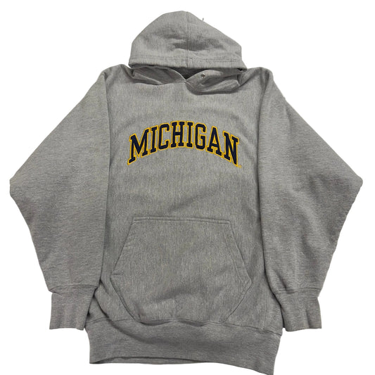 Gray hoodie with 'Michigan' printed on it against a white background