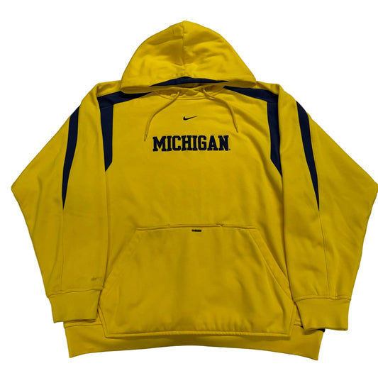 Yellow hoodie with 'Michigan' text and Nike logo on a white background