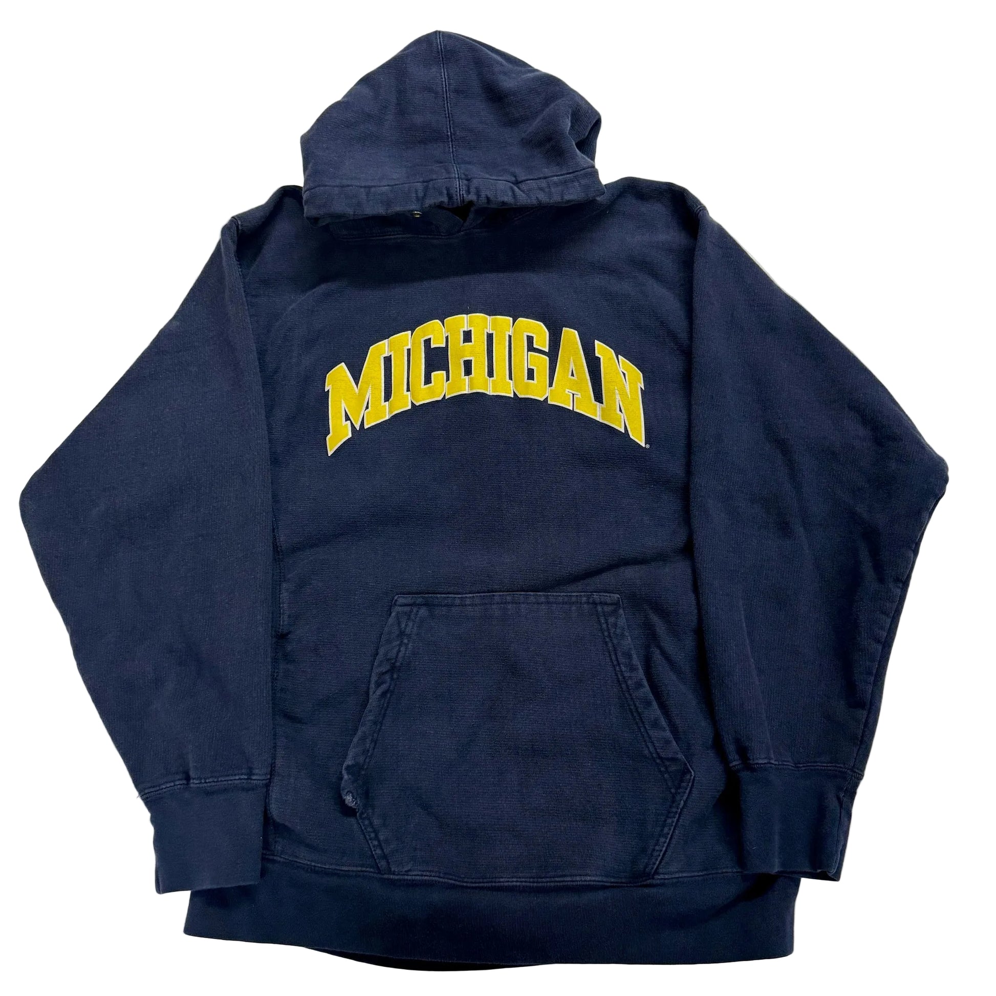 Navy blue hoodie with 'Michigan' printed in yellow on a light gray background