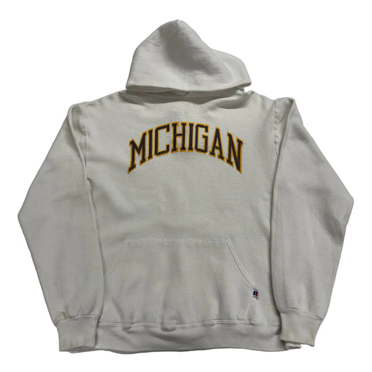 Gray hoodie with 'Michigan' printed on the back against a white background