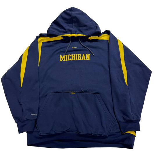 Blue hoodie with yellow accents and 'Michigan' text on a light background