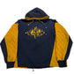 Navy and yellow hoodie with a logo on a white background