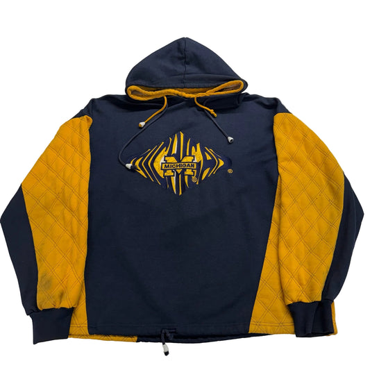 Navy and yellow hoodie with a logo on a white background