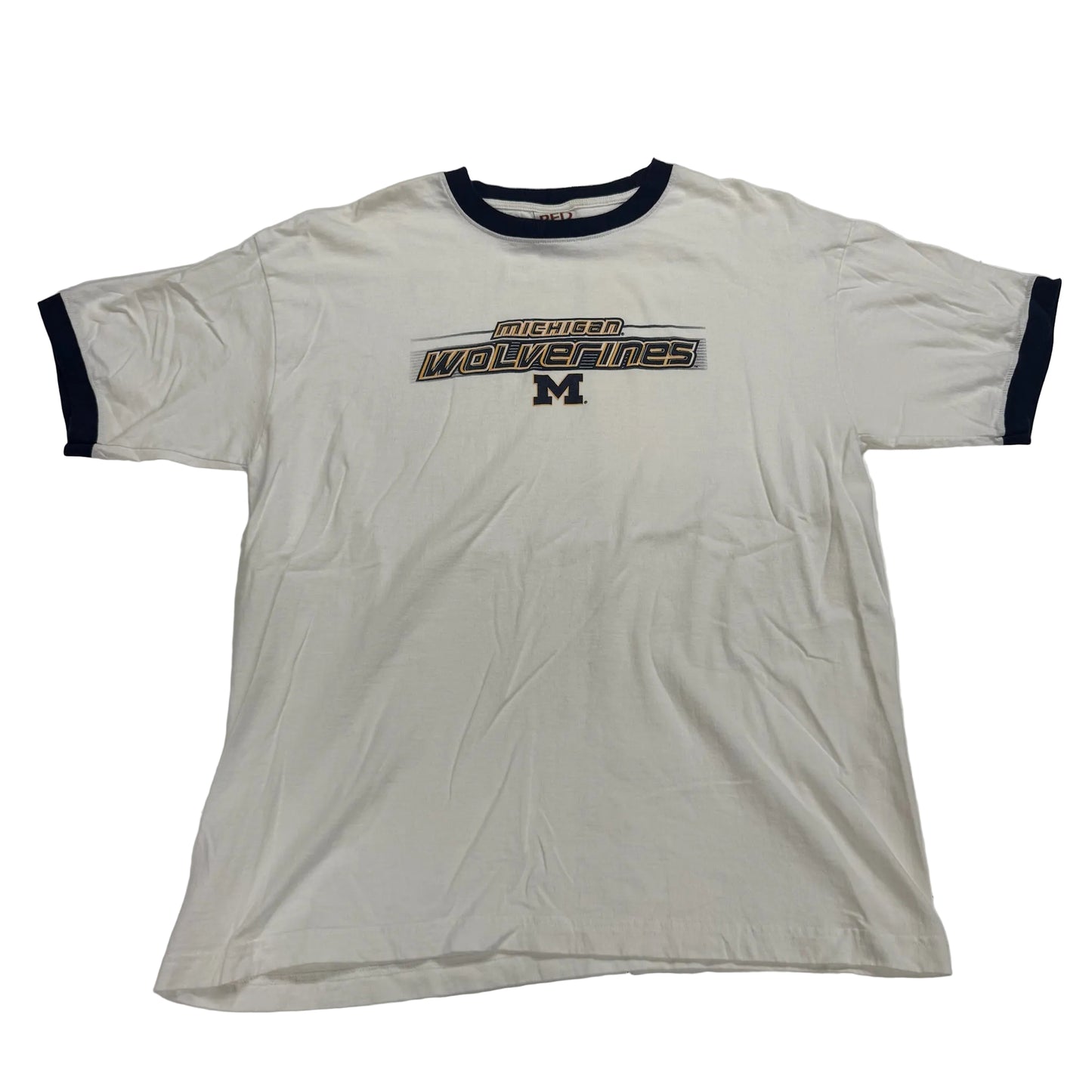 White t-shirt with 'Michigan Wolverines' text and logo on a white background