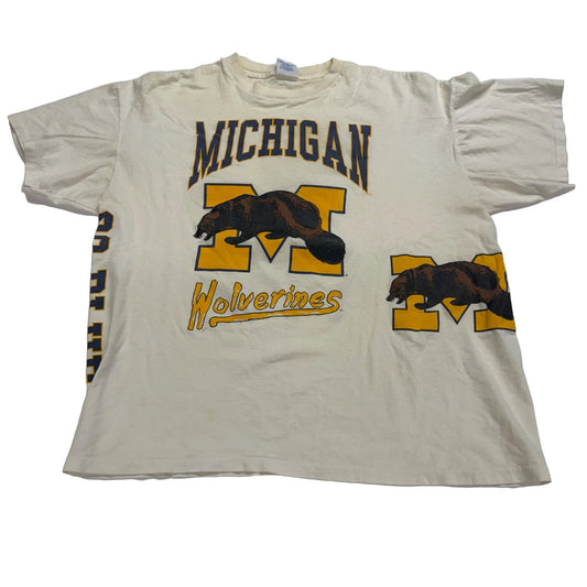 Vintage 'Michigan Wolverines' t-shirt with bear graphics on a white background
