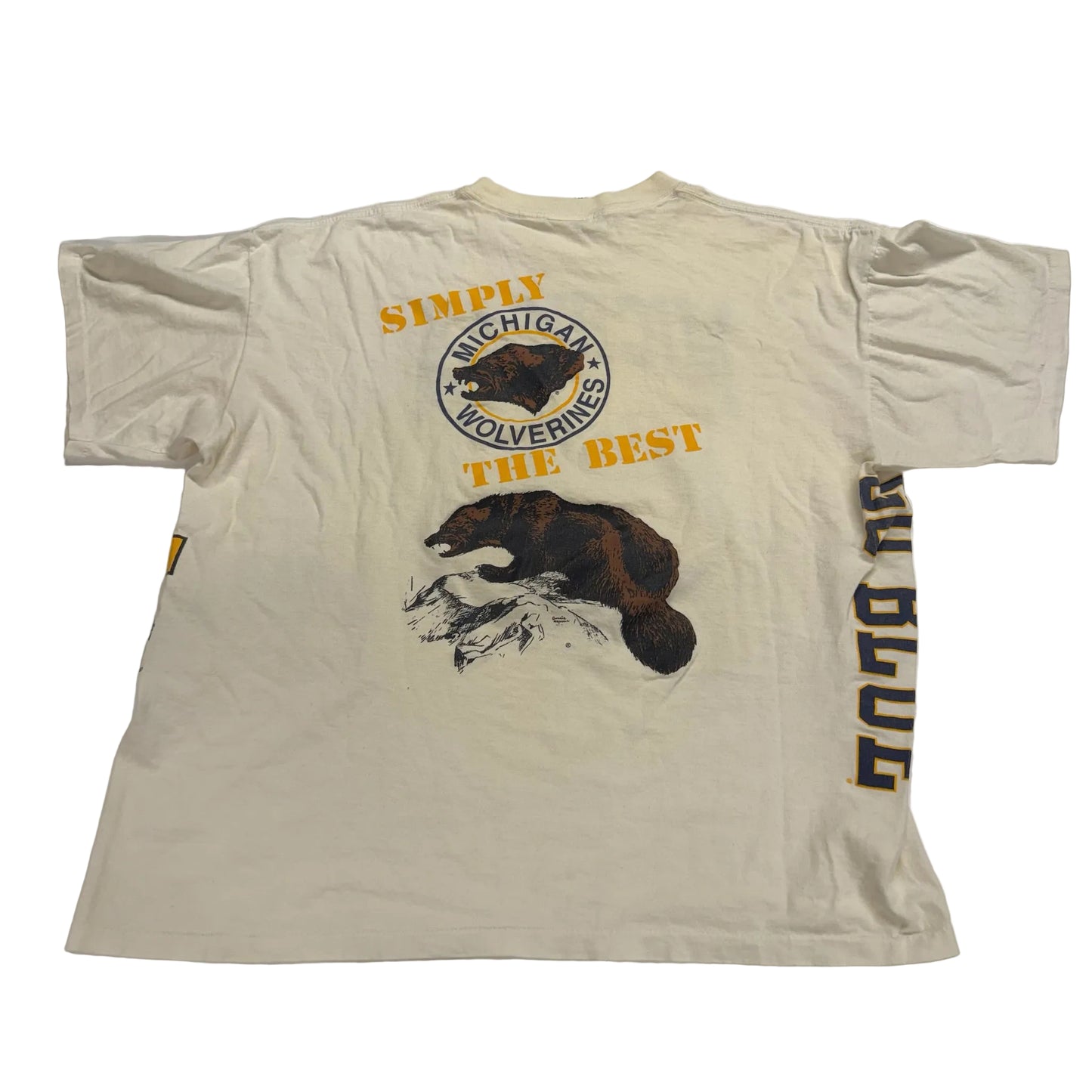 Beige t-shirt with bear graphics and text on a white background