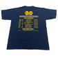 Navy blue t-shirt with yellow text displaying a schedule and logo on a white background