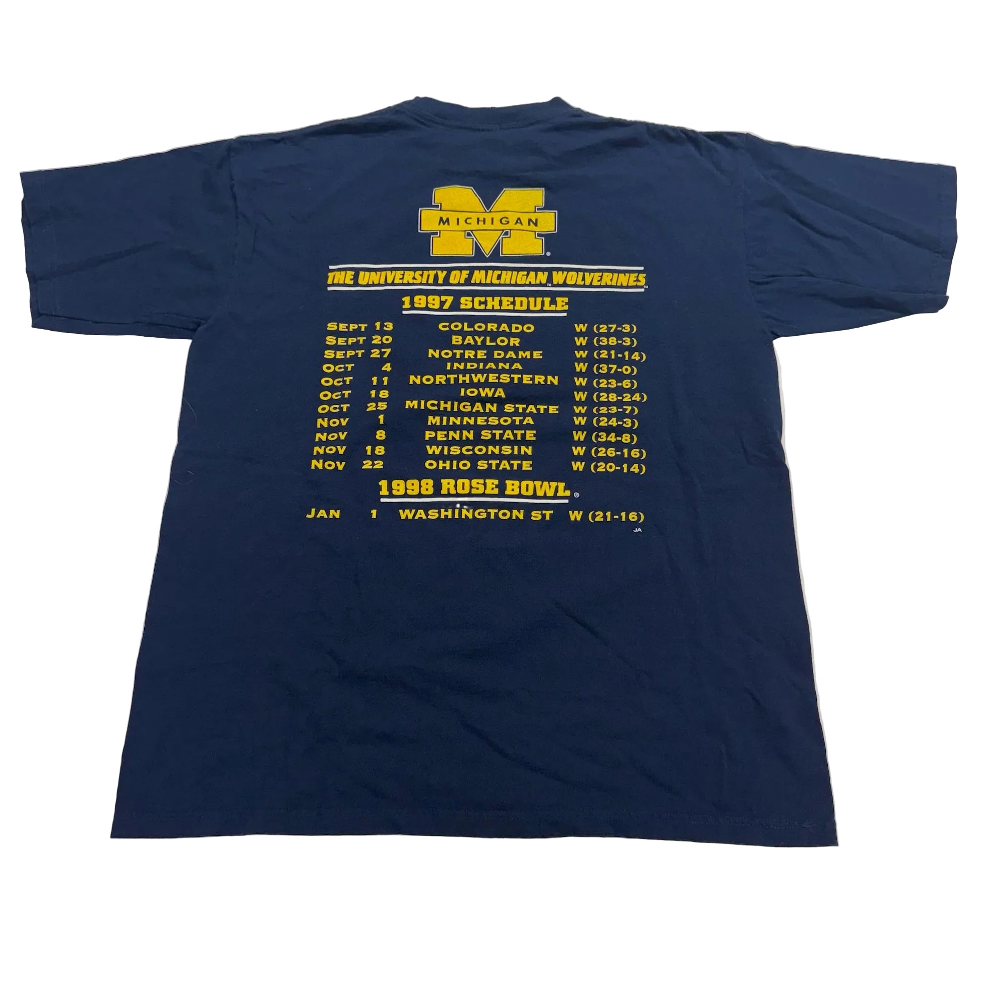 Navy blue t-shirt with yellow text displaying a schedule and logo on a white background
