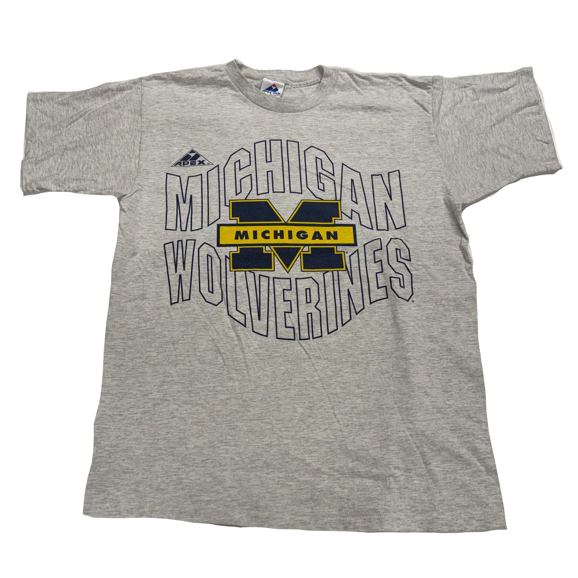 Gray t-shirt with 'Michigan Wolverines' text and logo on a white background
