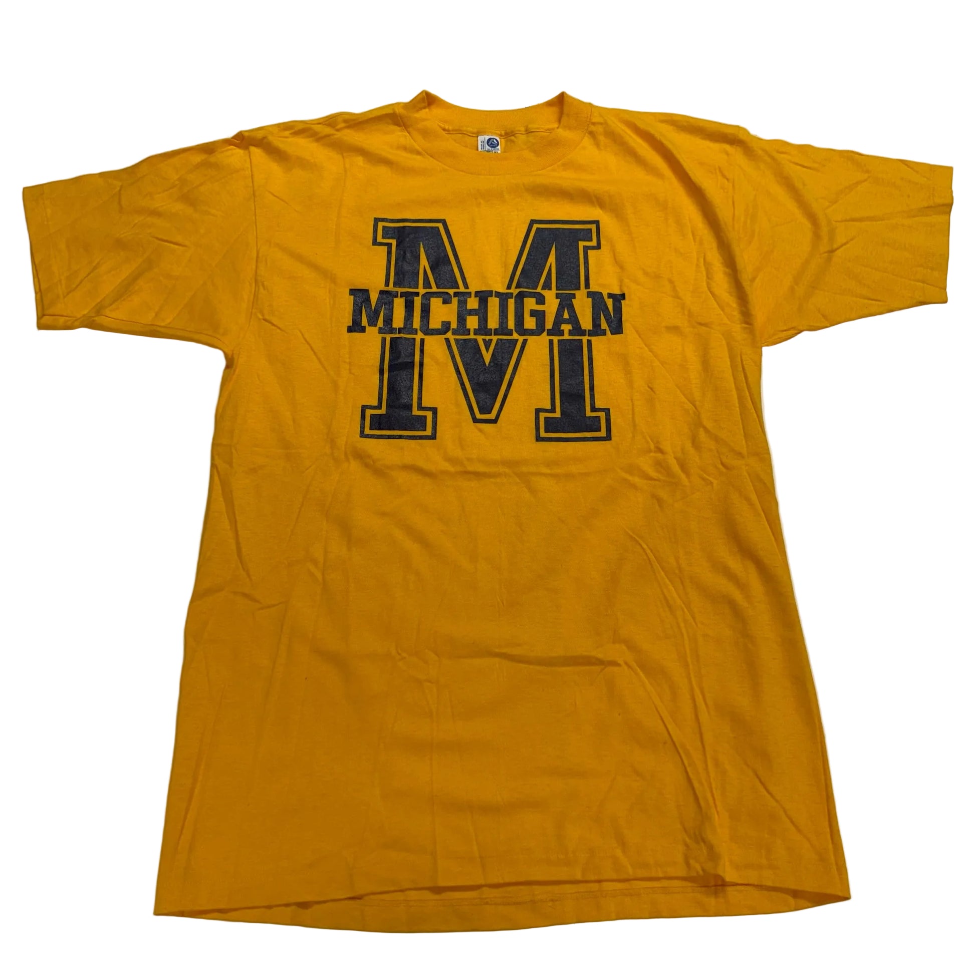 Yellow t-shirt with 'Michigan' printed on it against a white background