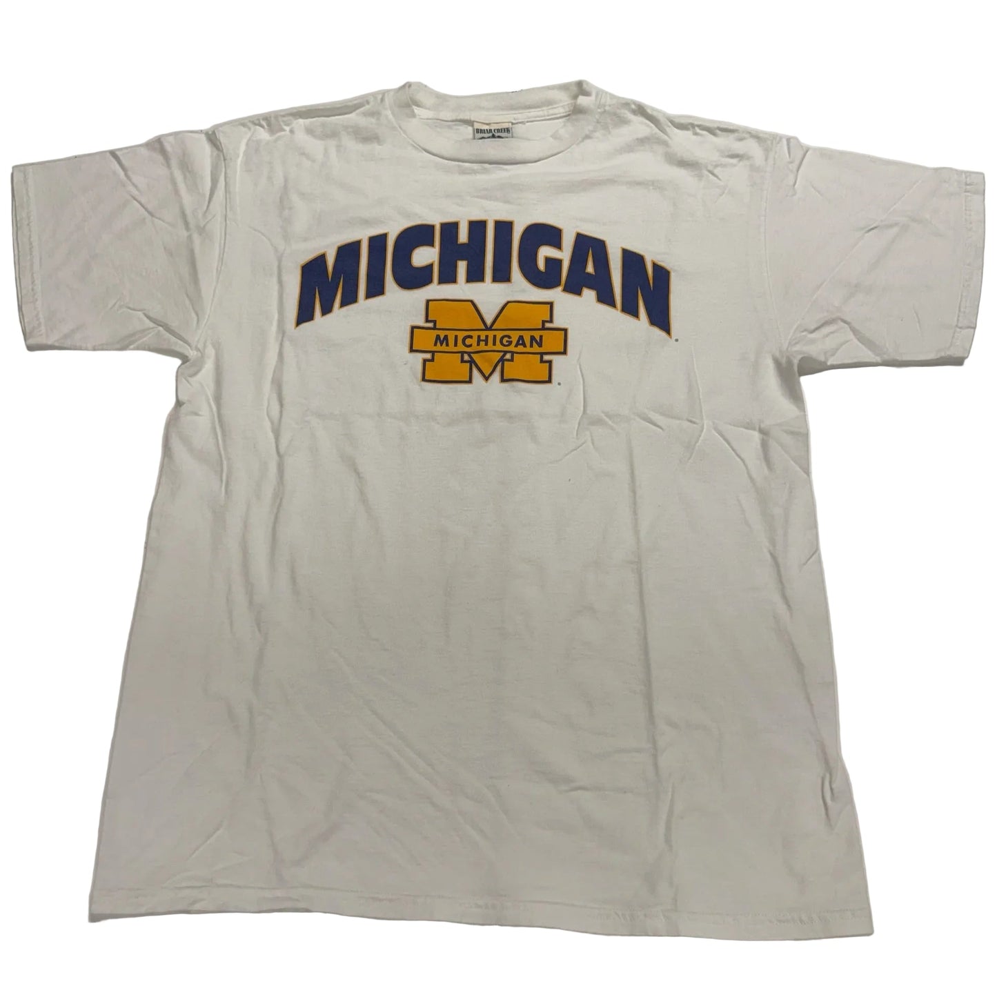 White t-shirt with 'Michigan' printed on it against a white background