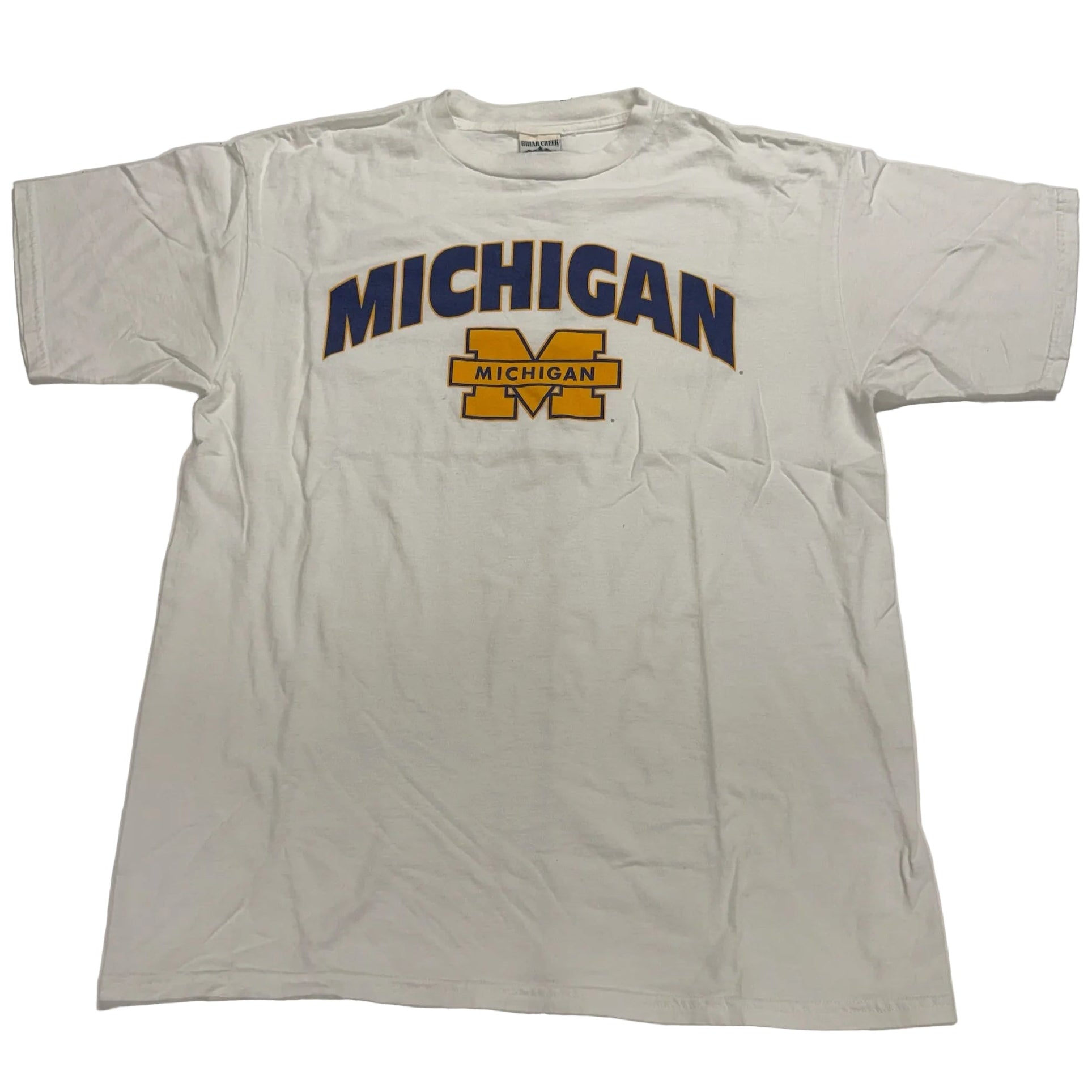 White t-shirt with 'Michigan' printed on it against a white background
