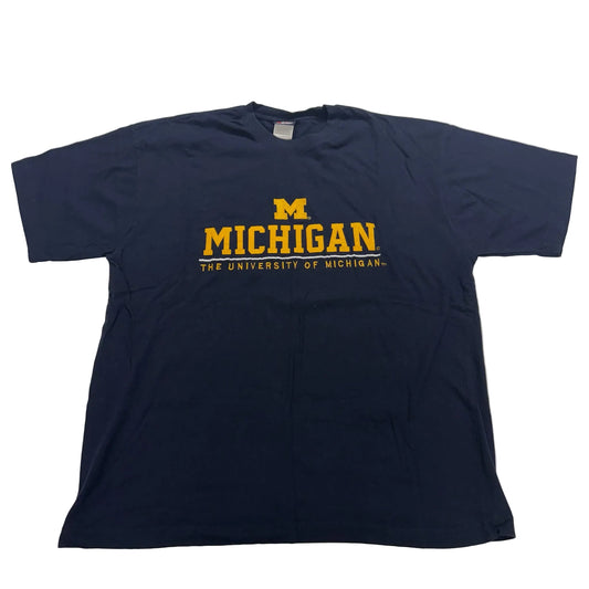 Navy blue t-shirt with 'MICHIGAN' printed in yellow on a white background