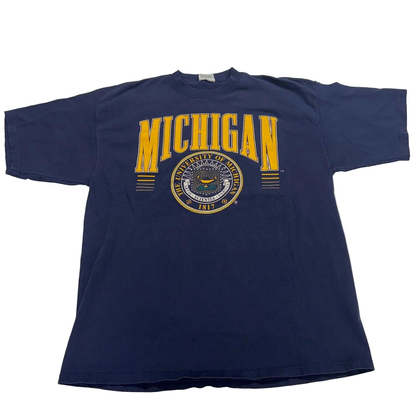 Navy blue t-shirt with 'Michigan' and university emblem printed on a white background
