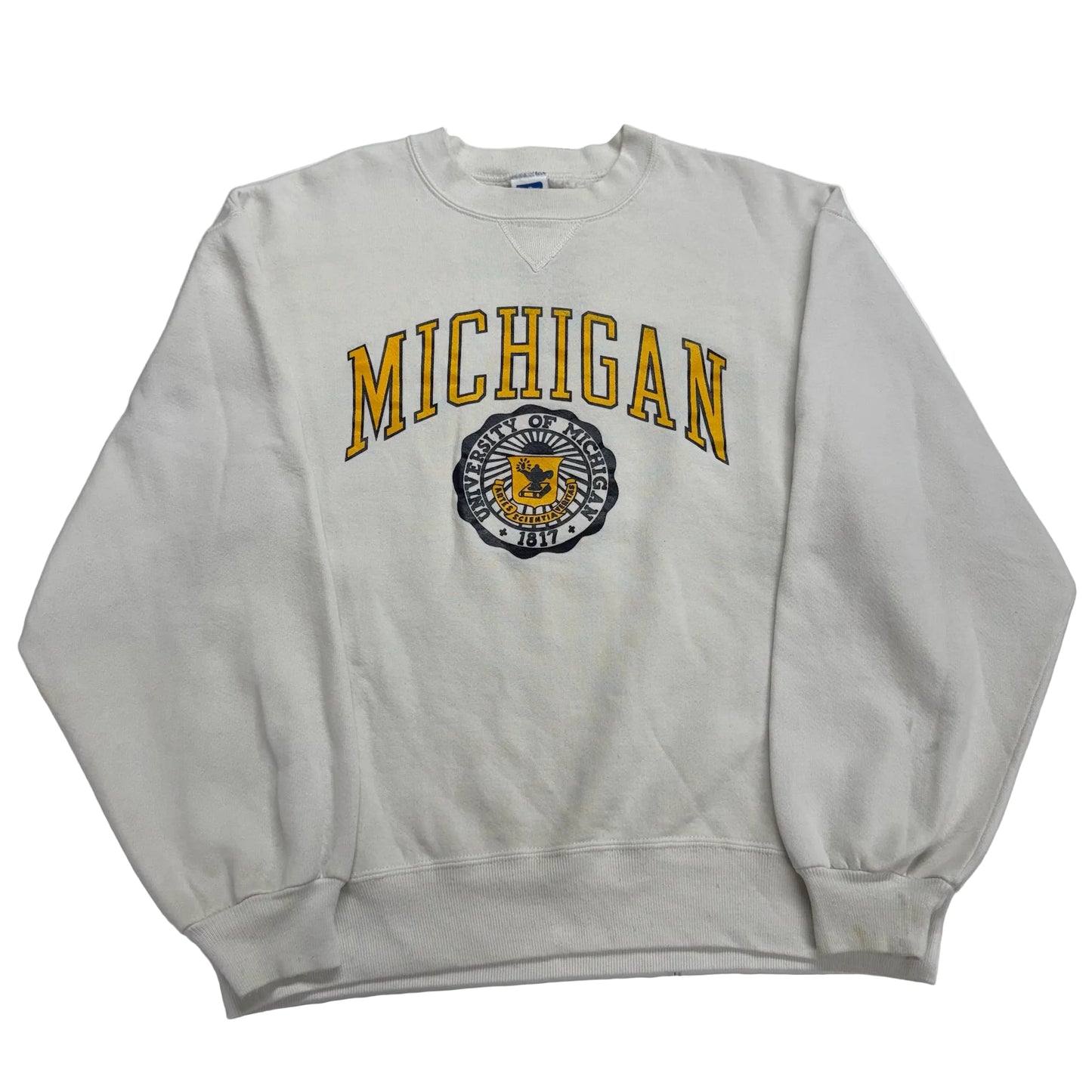 Gray sweatshirt with 'Michigan' text and logo on a white surface