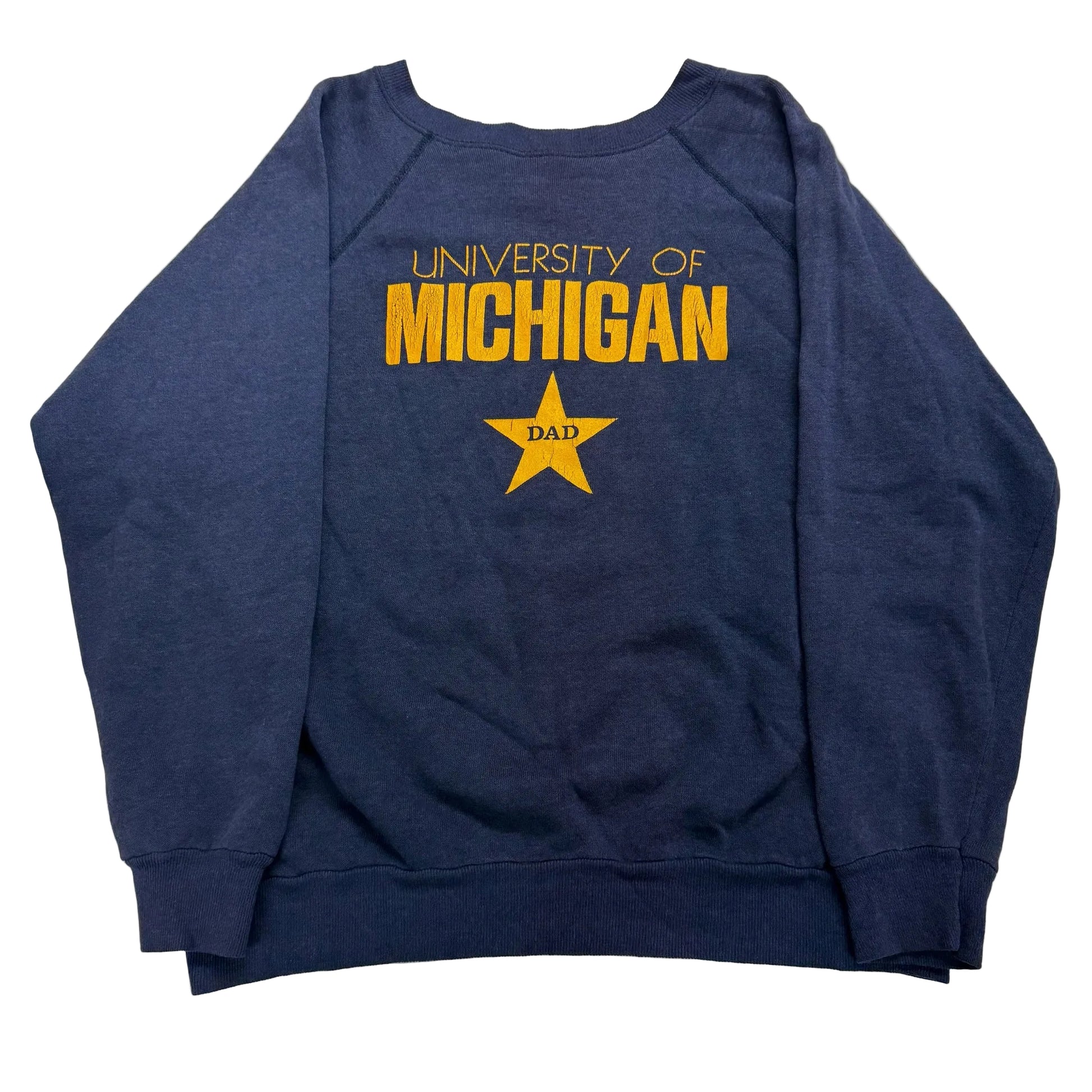 Blue sweatshirt with 'University of Michigan Dad' text and star on a white background