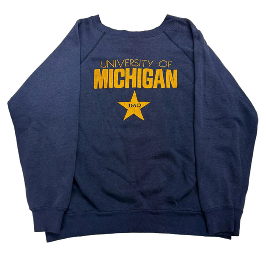 Blue sweatshirt with 'University of Michigan Dad' text and star on a white background