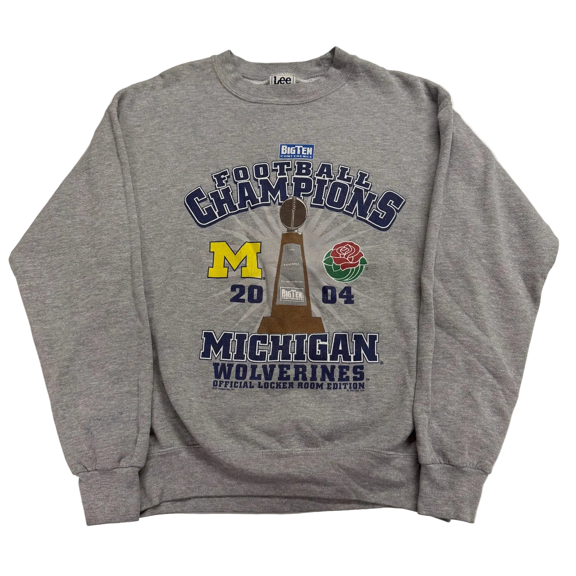 Gray sweatshirt with Michigan Wolverines football champions design on a white background