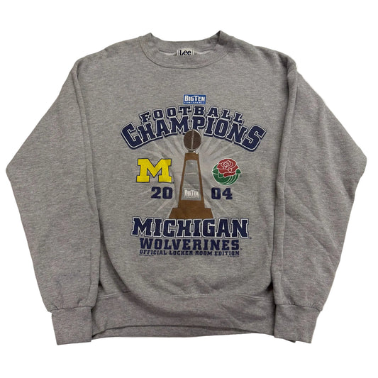 Gray sweatshirt with Michigan Wolverines football champions design on a white background