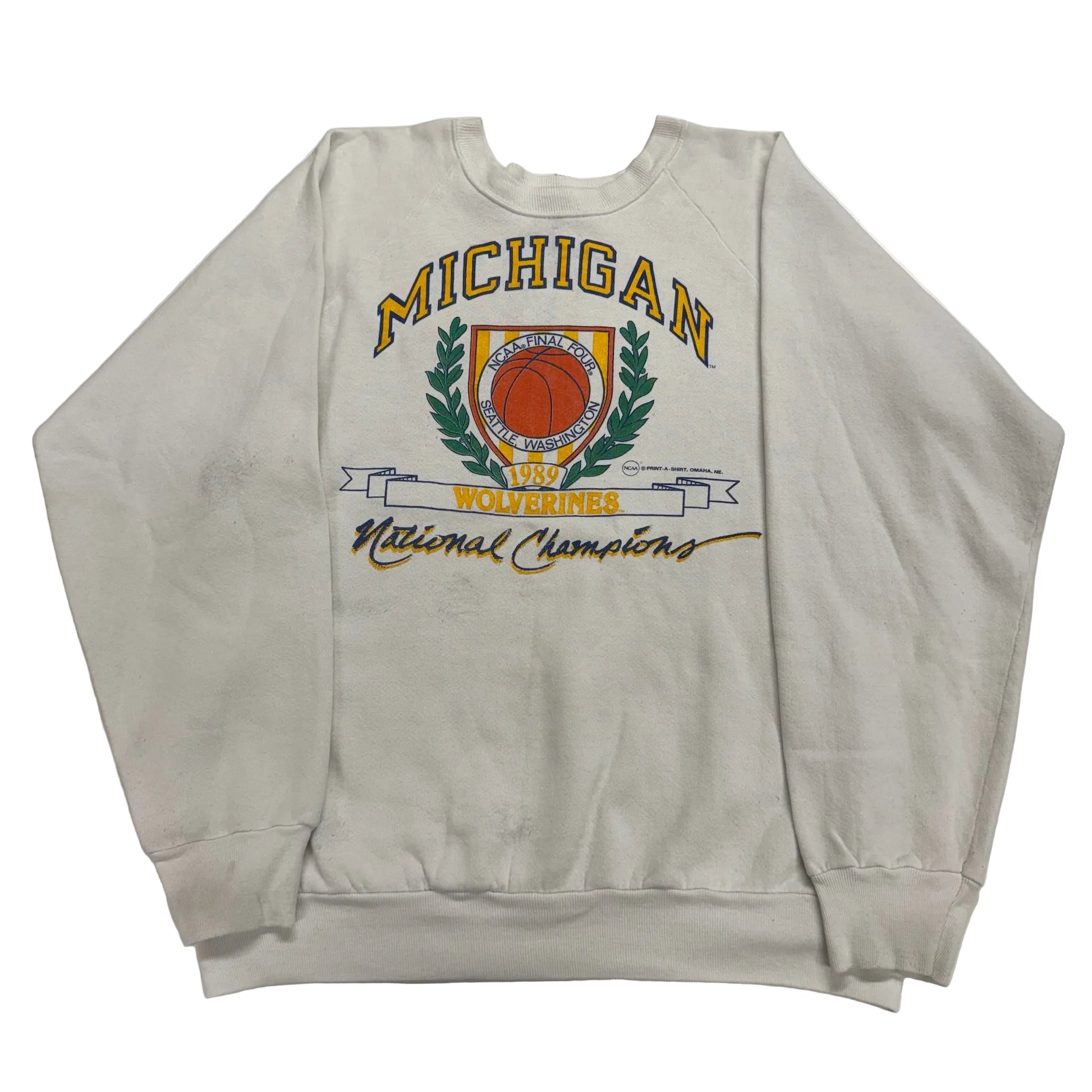 Gray sweatshirt with 'Michigan Wolverines National Champions' text and logo on a white background
