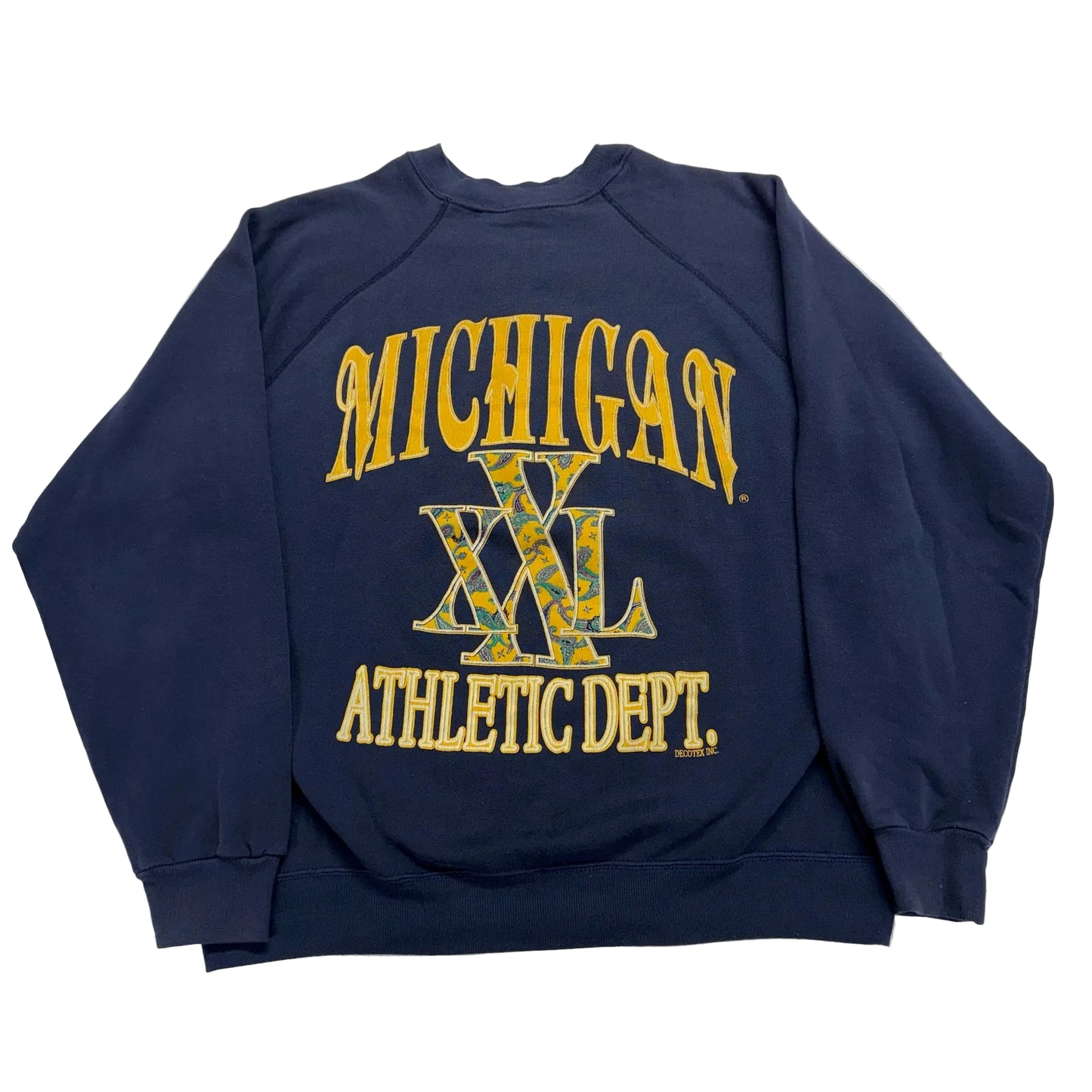 Navy blue sweatshirt with 'Michigan Athletic Dept.' text on a white background