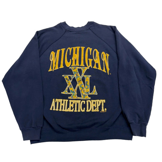 Navy blue sweatshirt with 'Michigan Athletic Dept.' text on a white background