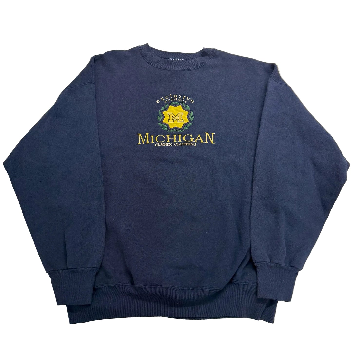 Blue sweatshirt with 'Michigan' text and logo on a white surface