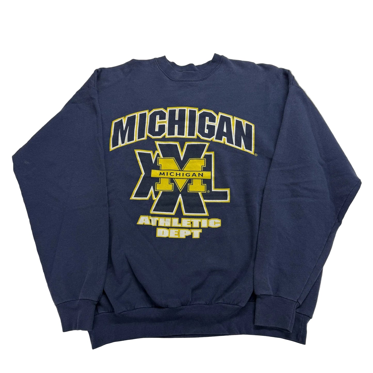 Navy blue sweatshirt with yellow 'Michigan Athletic Dept' text on a light gray background