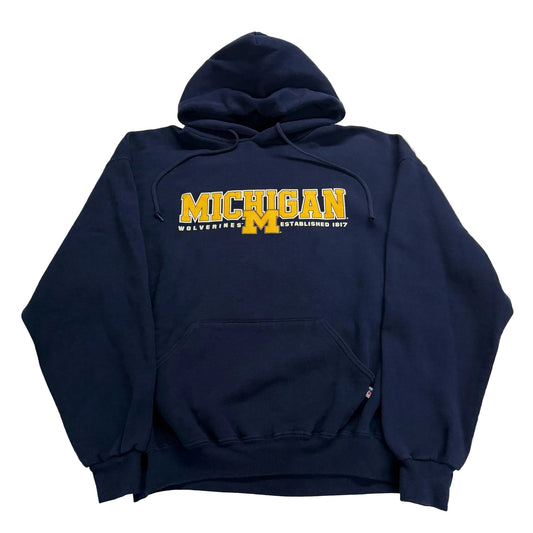 Navy blue hoodie with 'Michigan' text on a white background