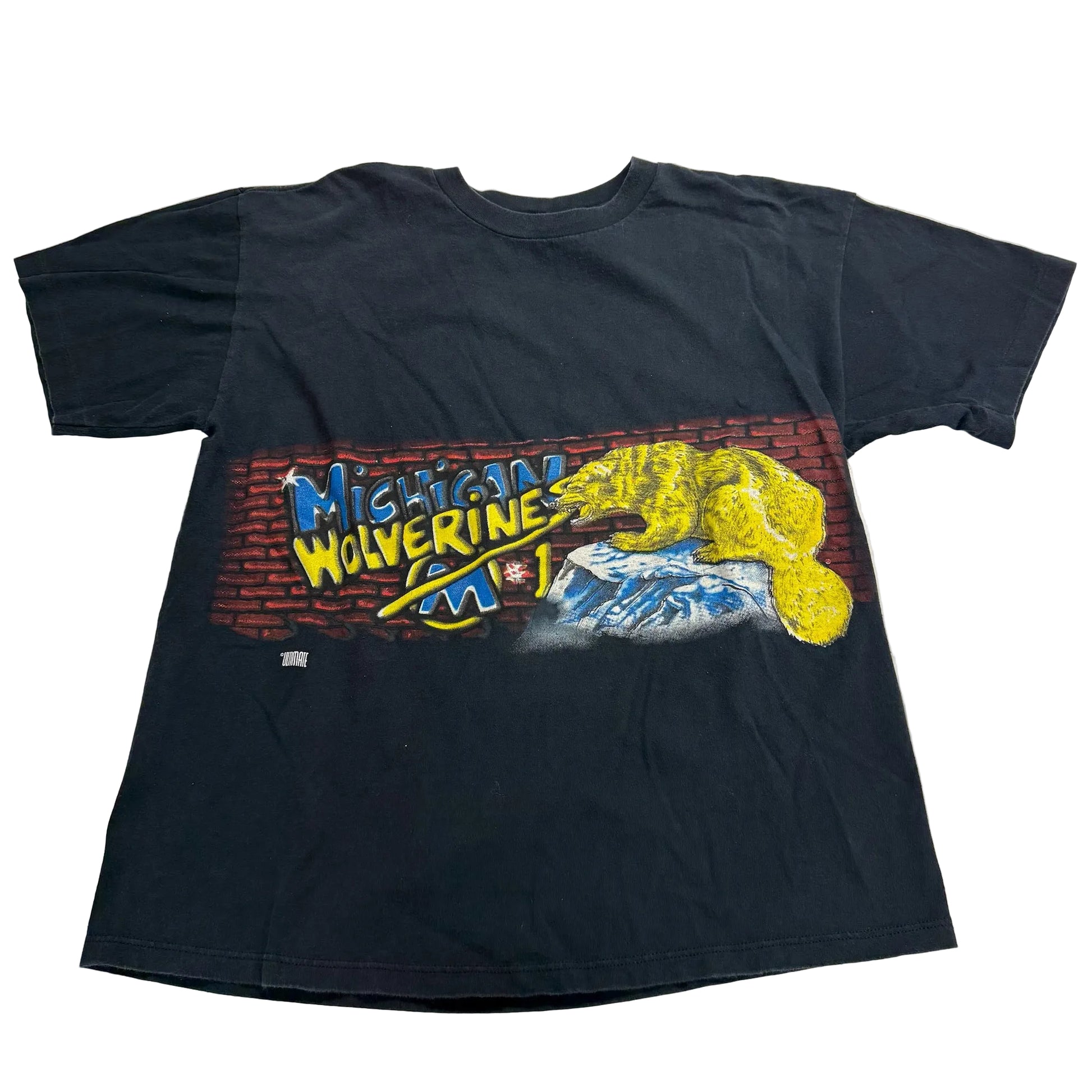 Black t-shirt with 'Michigan Wolverine' graphic on a white background