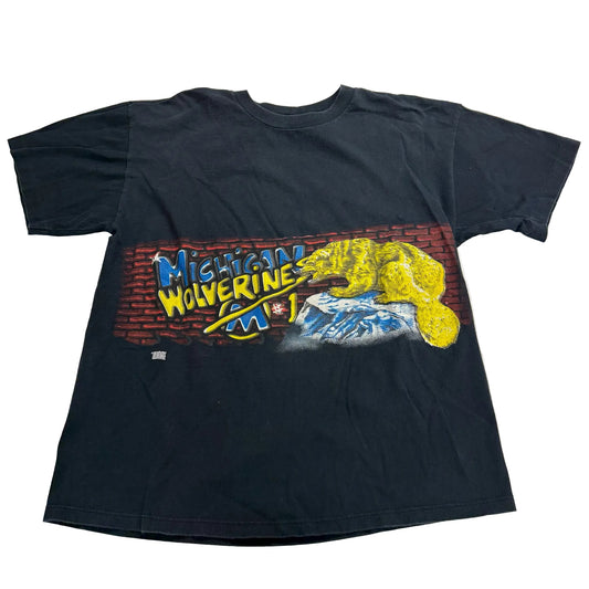 Black t-shirt with 'Michigan Wolverine' graphic on a white background