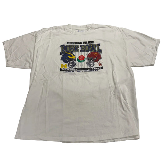 White t-shirt with Rose Bowl graphic on a white background