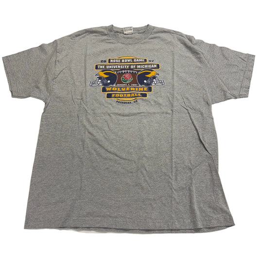 Gray t-shirt with Michigan Wolverines football graphic on a white background
