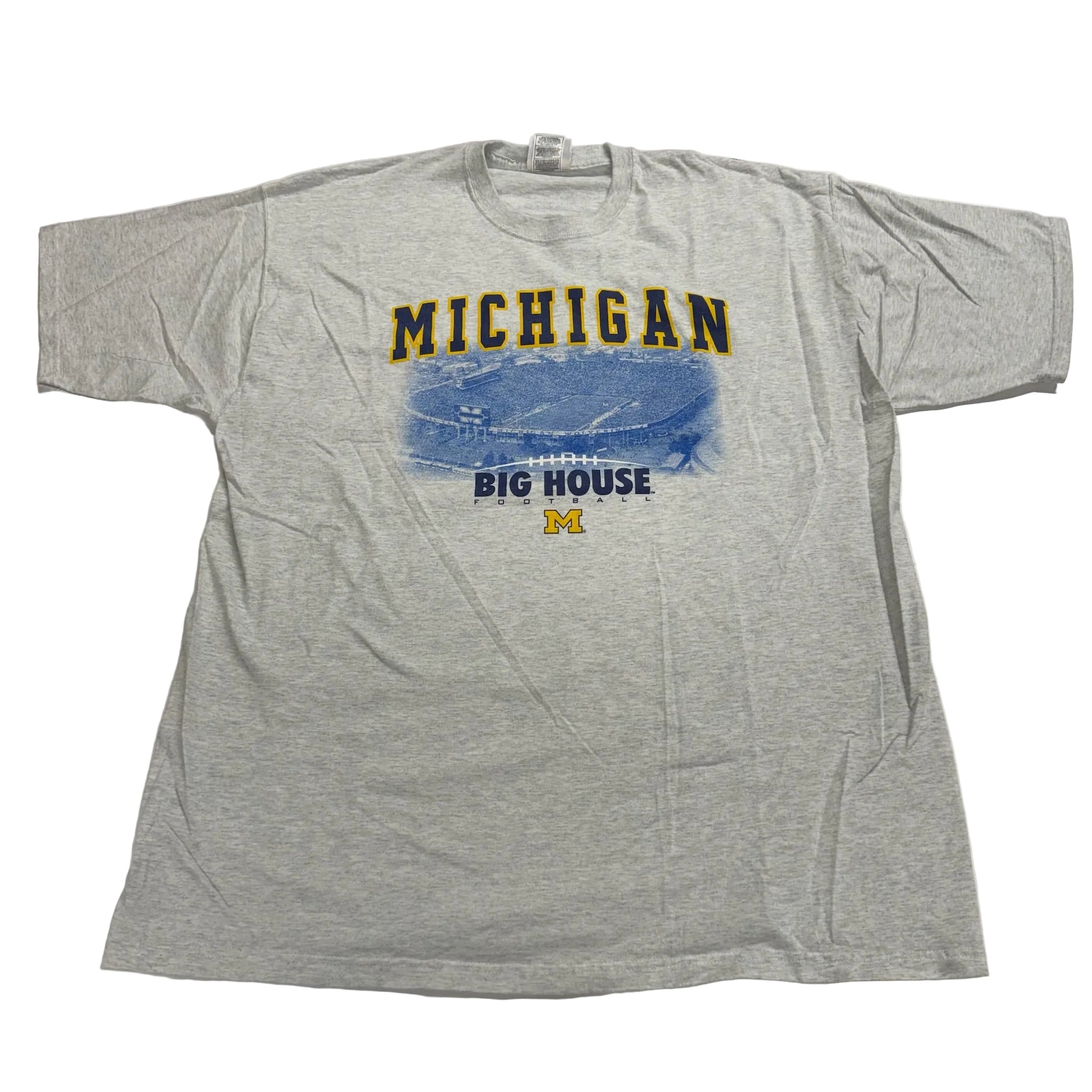 Gray t-shirt with 'Michigan Big House' graphic on a white background