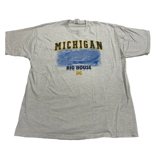 Gray t-shirt with 'Michigan Big House' graphic on a white background