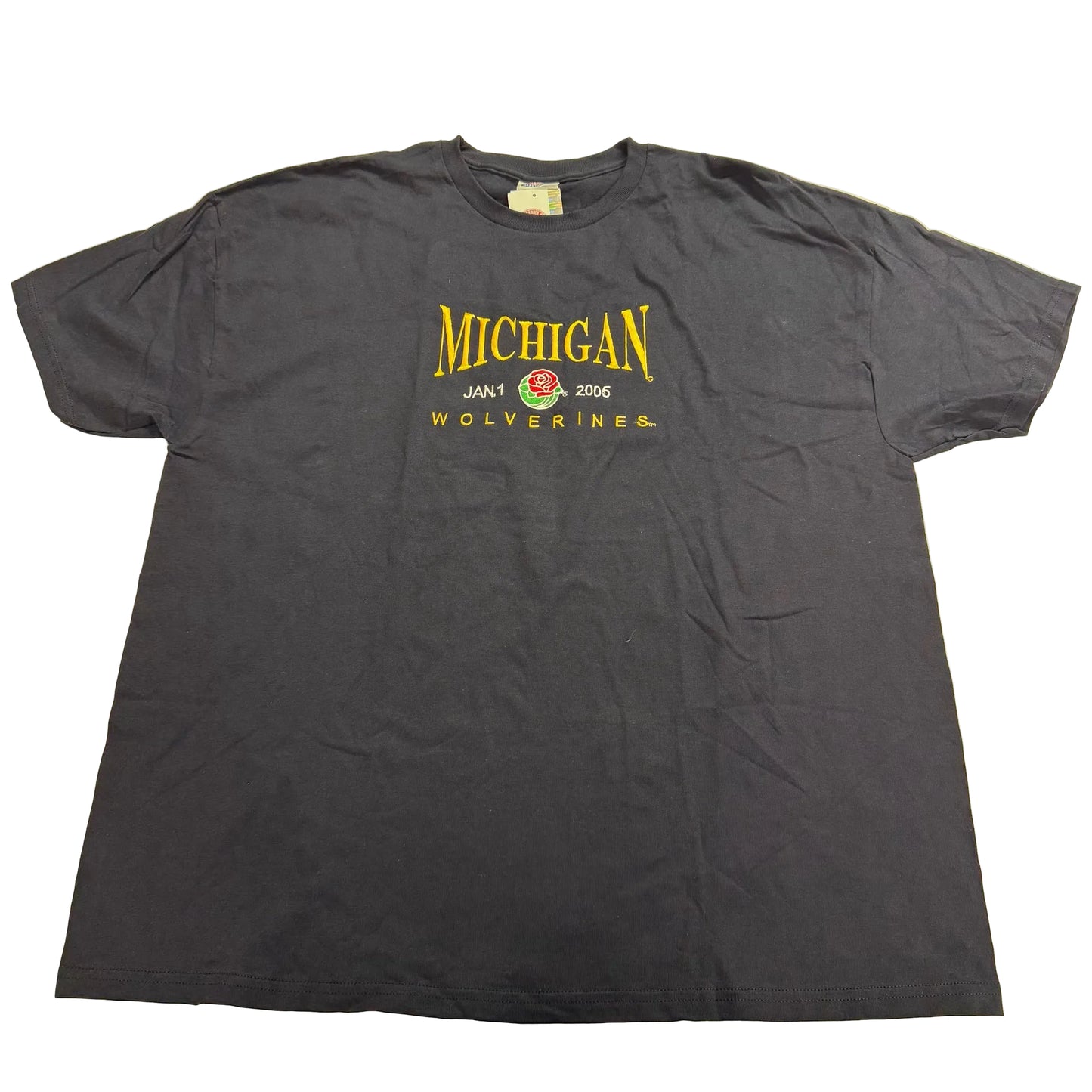 Black t-shirt with 'Michigan' and 'Wolverines' text on a yellow background