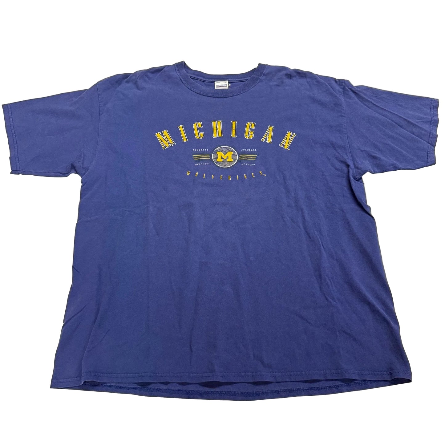 Blue t-shirt with 'Michigan' printed on it against a white background