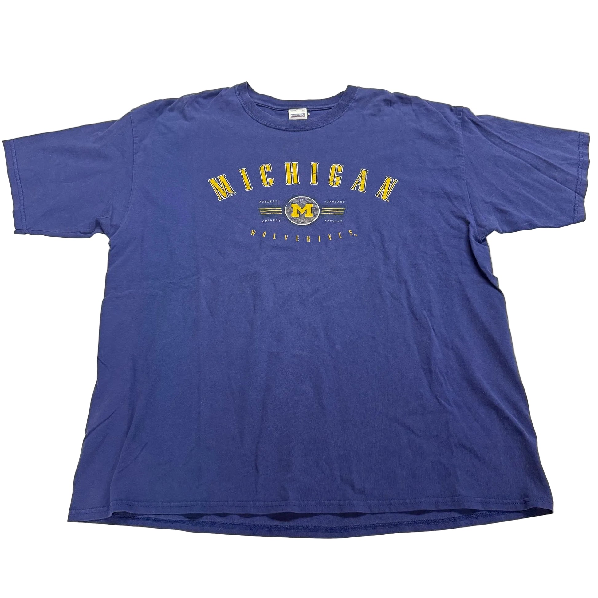 Blue t-shirt with 'Michigan' printed on it against a white background