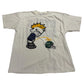White t-shirt with a graphic design of a cartoon character and a football helmet on a white background