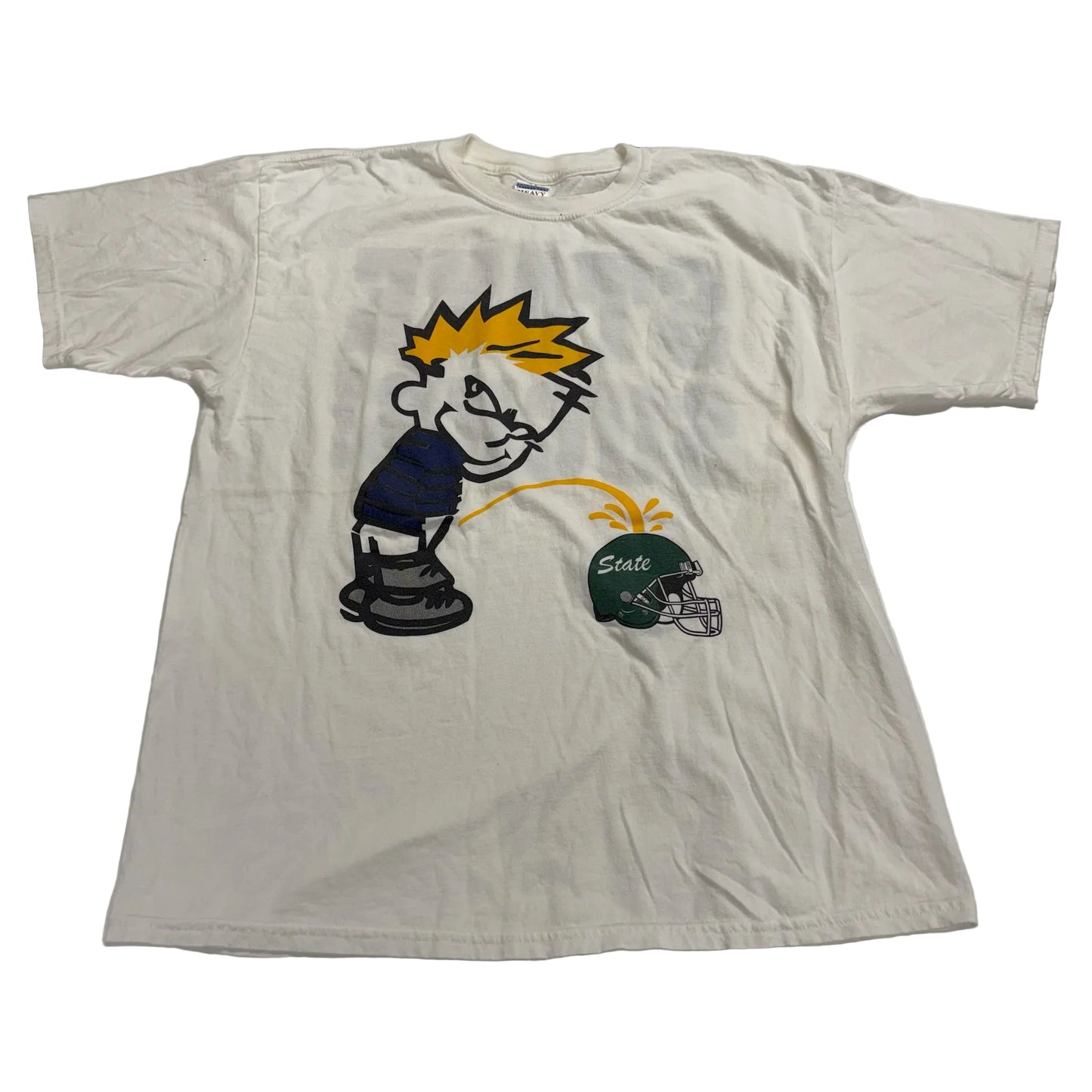White t-shirt with a graphic design of a cartoon character and a football helmet on a white background