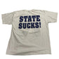 White t-shirt with 'STATE SUCKS!' text on a white background