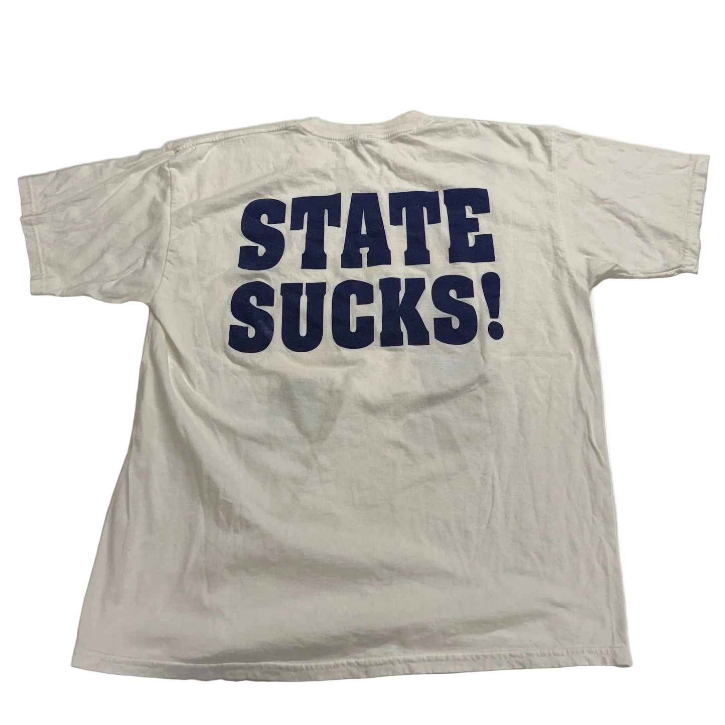 White t-shirt with 'STATE SUCKS!' text on a white background