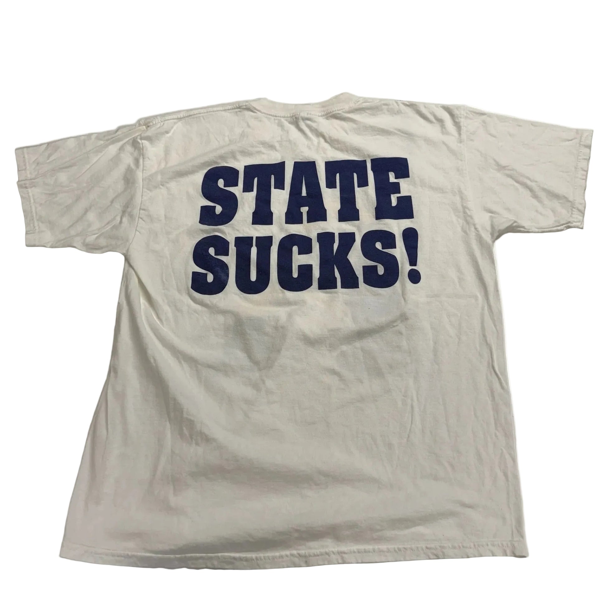 White t-shirt with 'STATE SUCKS!' text on a white background