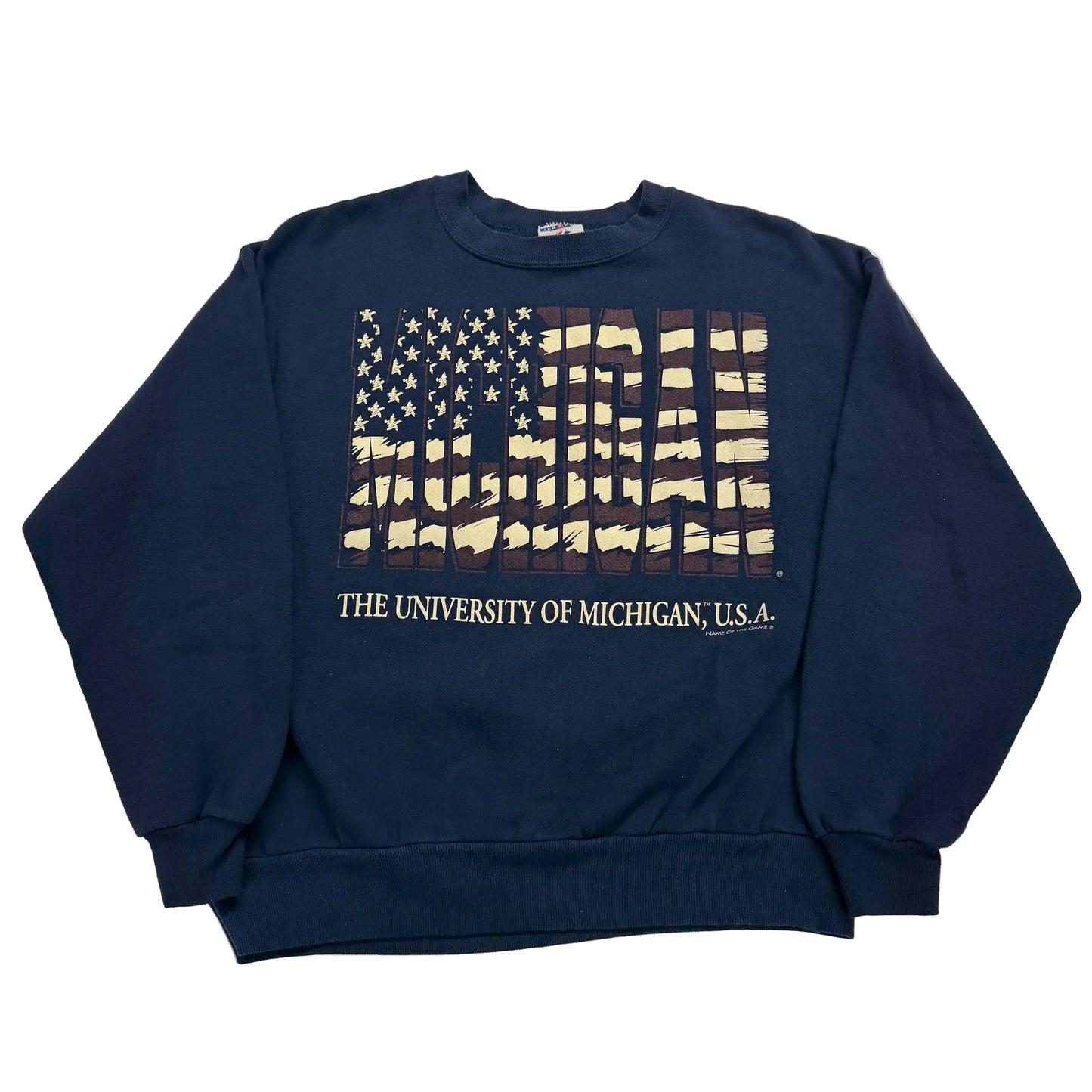 Navy blue sweatshirt with American flag design and 'The University of Michigan, U.S.A.' text on a white background